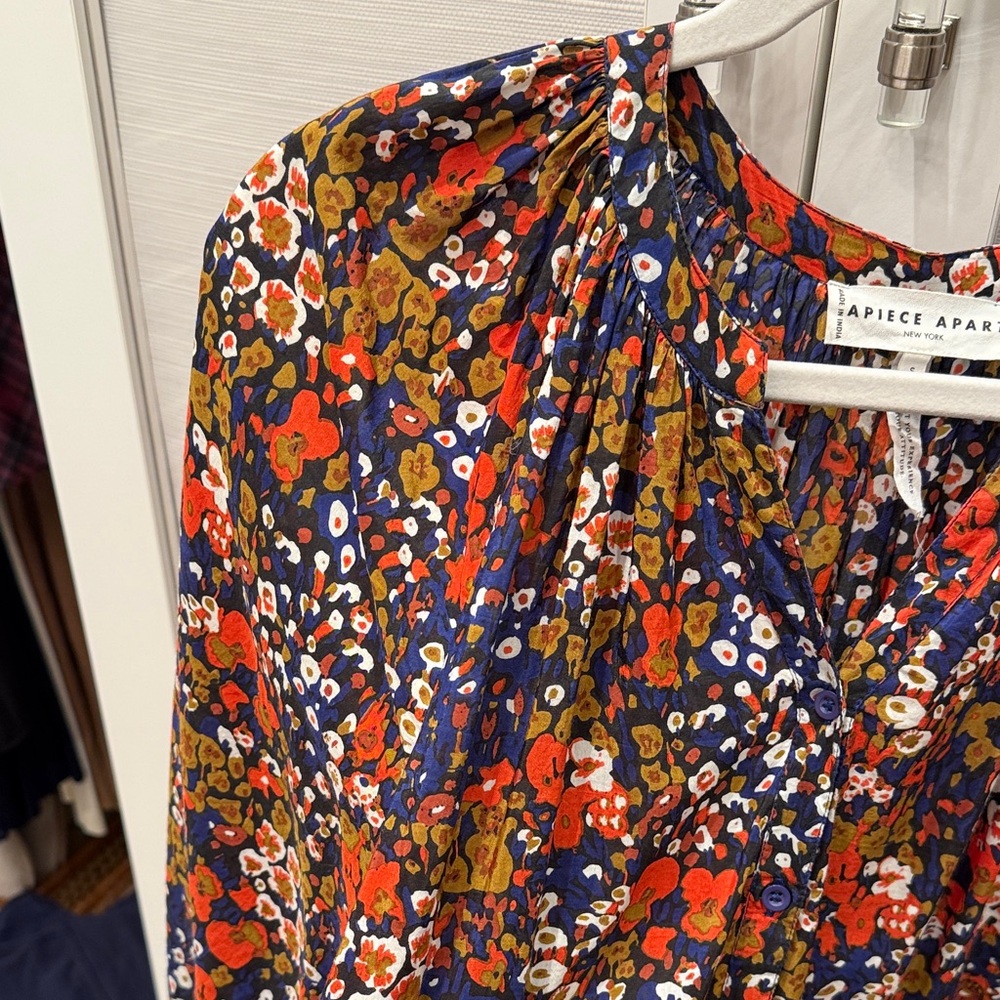 Apiece Apart Navy Floral Long Sleeve Mini Dress with Red & Olive Details - Picture 3 of 4